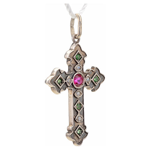 Pendant cross in sterling silver with red and green stones 5