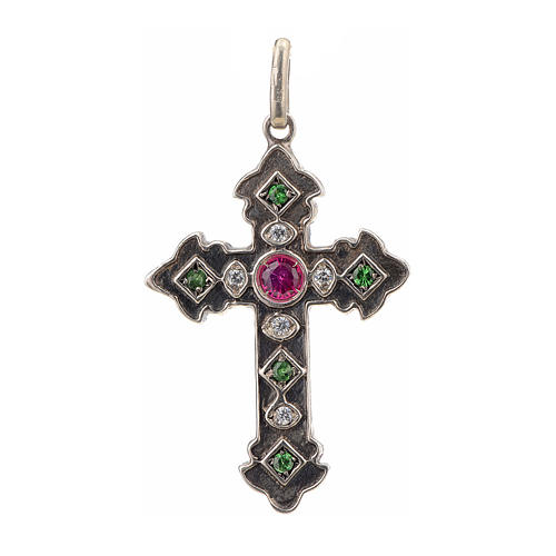 Pendant cross in sterling silver with red and green stones 1