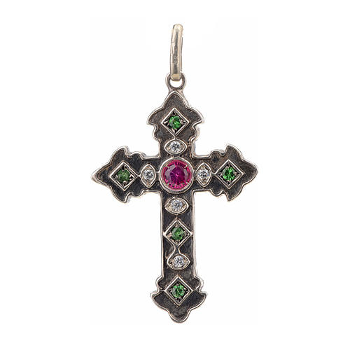 Croix en argent 925 et pierres rouges et vertes 1