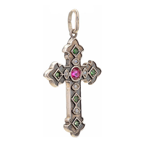 Pendant cross in sterling silver with red and green stones 2