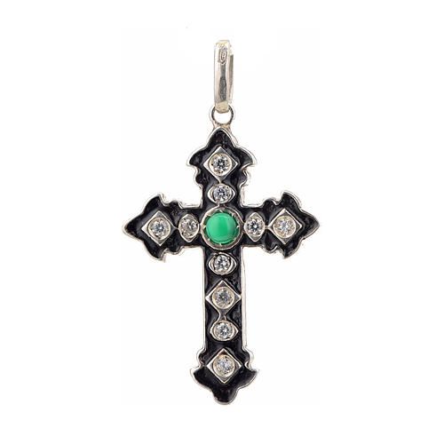 Pendant cross, sterling silver with rhinestones and green stone 1