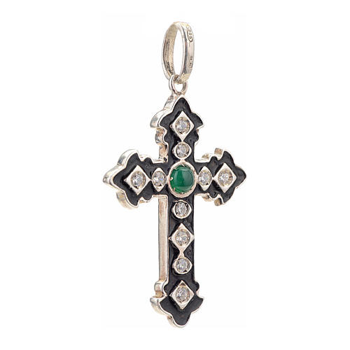 Pendant cross, sterling silver with rhinestones and green stone 2