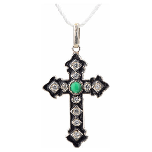 Croce argento 925 con strass e pietra verde 4