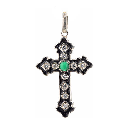Croce argento 925 con strass e pietra verde 1