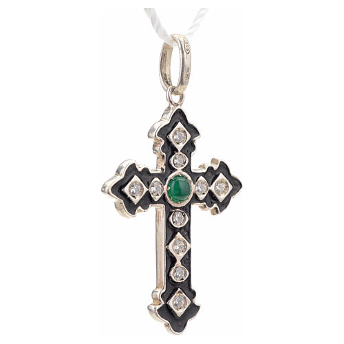 Pendant cross, sterling silver with rhinestones and green stone 5