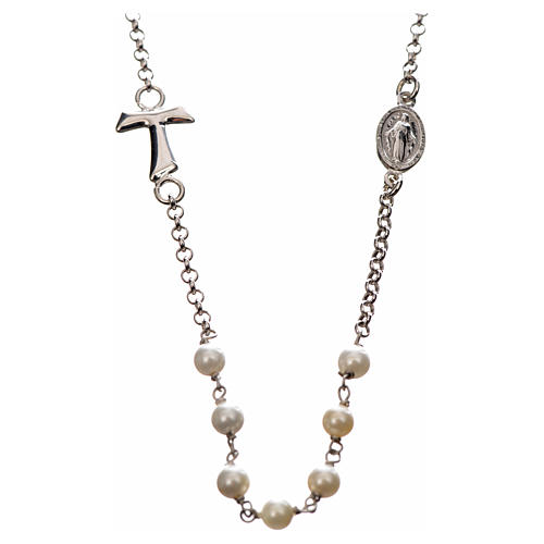 Silver necklace with Tau cross and white pearls, MATER jewels 1