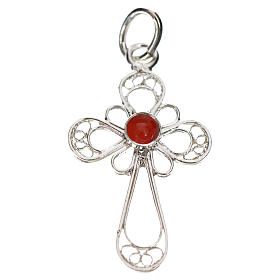 Pendant cross in 800 silver filigree with coral