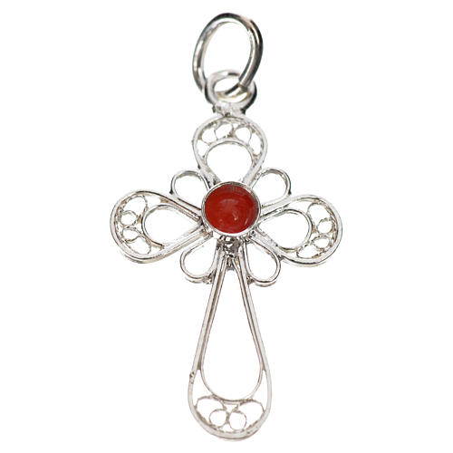 Pendant cross in 800 silver filigree with coral 1