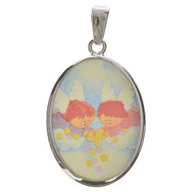 Pingentes, Cruzes, Broches, Correntes: Medalha oval prata 27 mm Anjos flores
