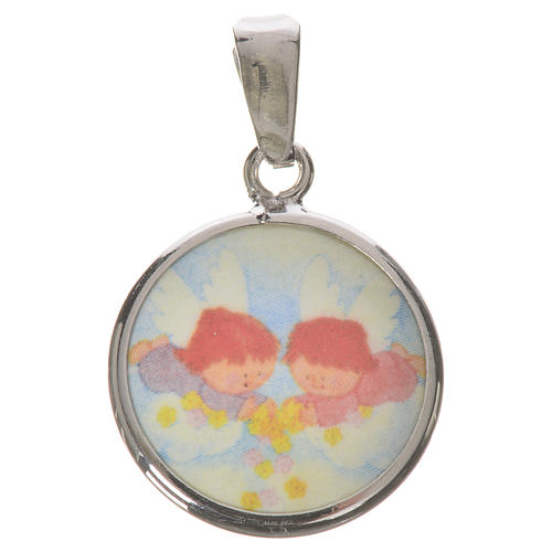 Medalha redonda prata 18 mm anjos flores 1