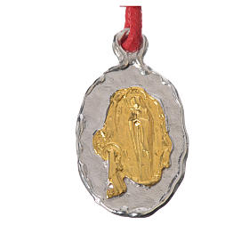 Bi-coloured Lourdes medal in silver with red cord