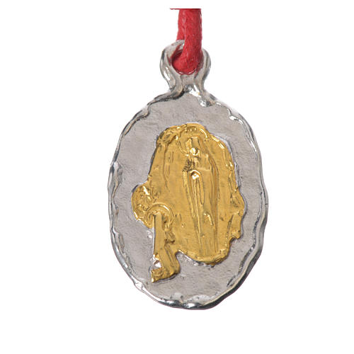 Bi-coloured Lourdes medal in silver with red cord 1