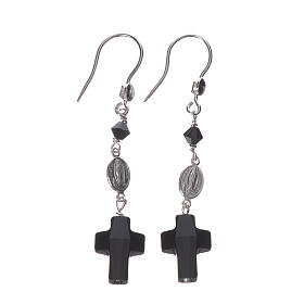 Earrings in 925 silver and strass with Lourdes medal, black