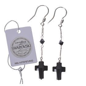 Earrings in 800 silver with cross and bead in black strass