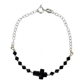 Bracelet arg. 925 croix strass noir grains 4mm