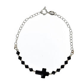 Bracelet arg. 925 croix strass noir grains 4mm