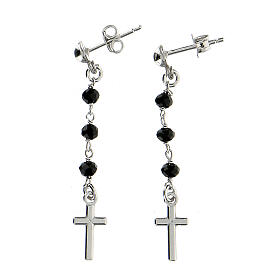Orecchini rosario croce AMEN cristalli neri arg 925 Rodio