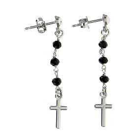Orecchini rosario croce AMEN cristalli neri arg 925 Rodio