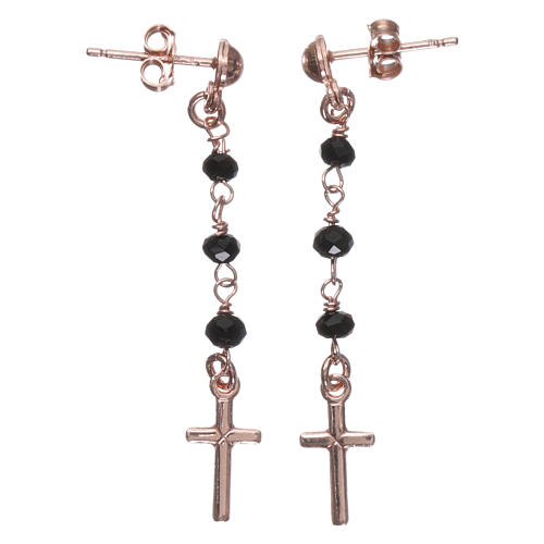 Orecchini rosario croce AMEN cristalli neri arg 925 Rosè 2