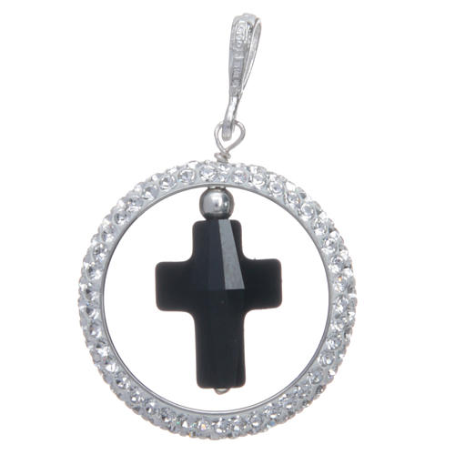 Charm with sett ring and black strass cross in sterling silver 1