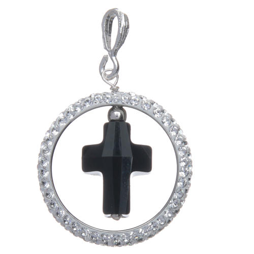 Charm with sett ring and black strass cross in sterling silver 2