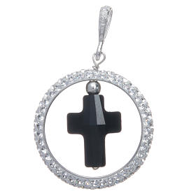 Pendente cerchio pavè e croce nera in strass e Arg. 925