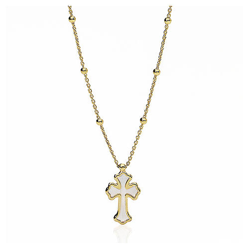 Necklace AMEN Cross silver 925 white mother-of-pearl, Gold finish 1