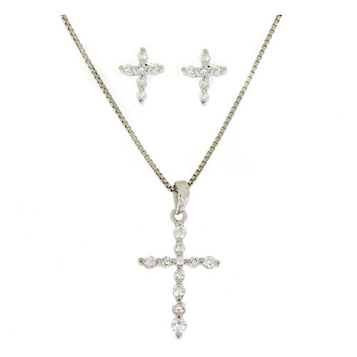 925 sterling silver parure: earrings, pendant chain and zirconate cross 1