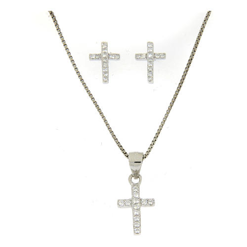 925 sterling silver parure: earrings, pendant chain and white zirconate cross 1