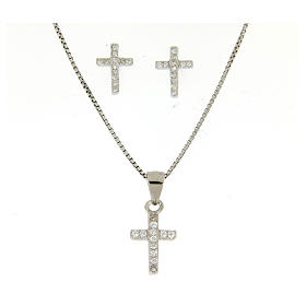 Parure argento 925: orecchini, catena pendente croce e zircone