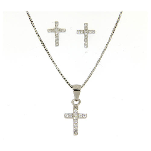 925 sterling silver parure: earrings, pendant chain with cross and zircon 1