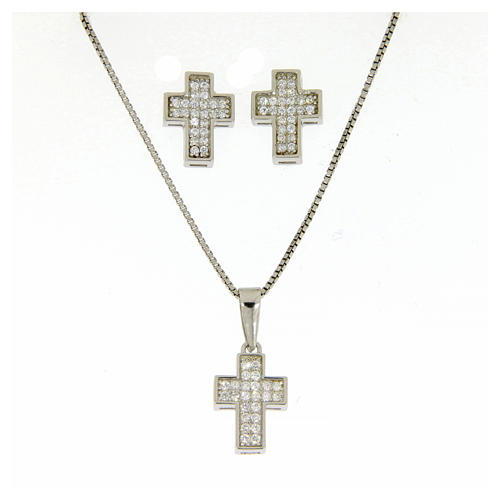 Conjunto de brincos corrente pingente cruz com zircões em prata 925 1