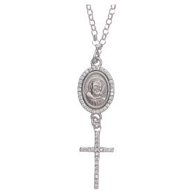 Collier pendente medaglia con croce e Padre Pio bianco argento 925