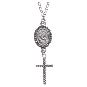 Collier pendentif médaille Padre Pio et croix noir argent 925