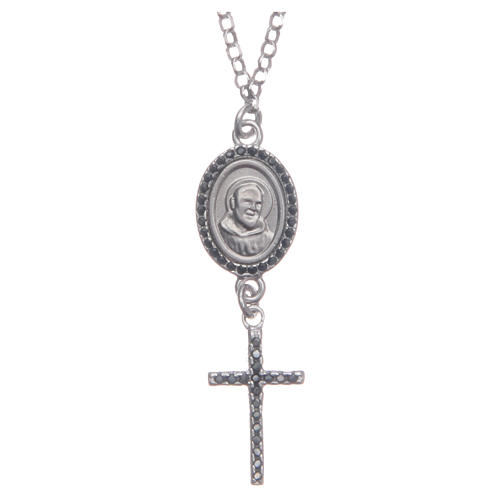 Collar necklace black with cross and Saint Pio medal in 925 sterling silver 1