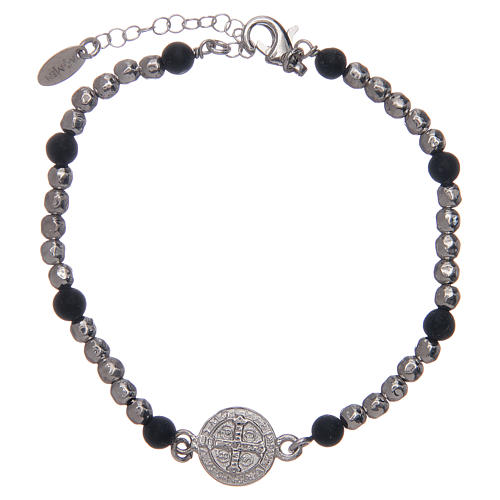 Saint Benedict men's bracelet with silver and lava stone beads 2
