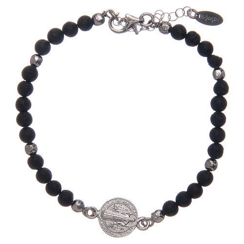 Saint Benedict men's bracelet with lava stone beads, AMEN 1