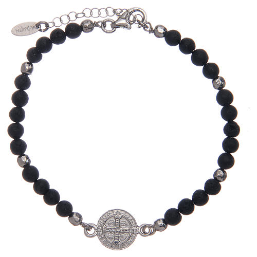 Saint Benedict men's bracelet with lava stone beads, AMEN 2