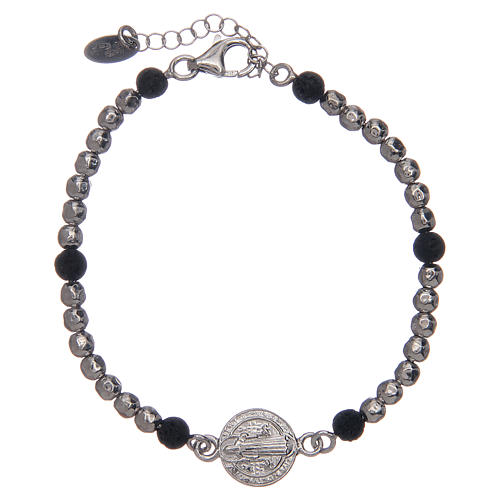 Saint Benedict medal bracelet with silver and lava stone beads 1