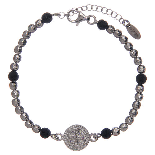 Saint Benedict medal bracelet with silver and lava stone beads 2