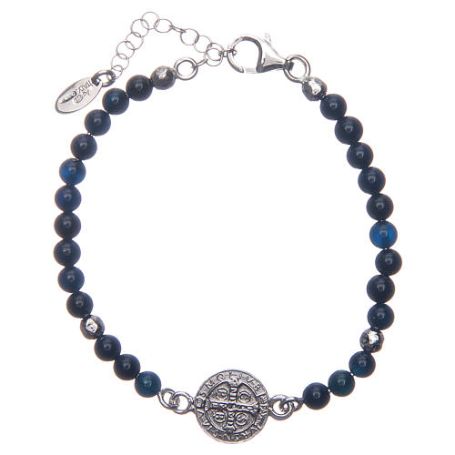 Saint Benedict medal bracelet with blue agate beads 2