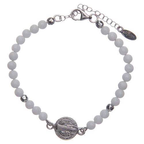 Saint Benedict medal bracelet with white agate beads 1
