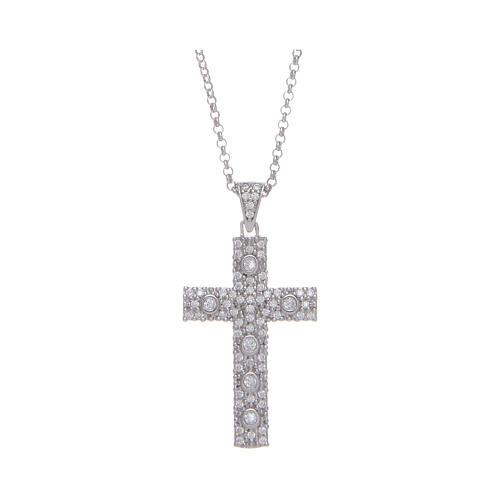 Amen necklace with silver cross finished in rhodium and white zircons 1