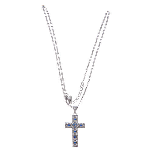 Amen necklace with silver cross finished in rhodium and blue zircons 3
