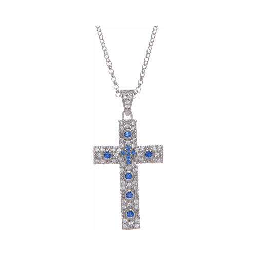 Colar Amen cruz prata radiada zircões azuis 1