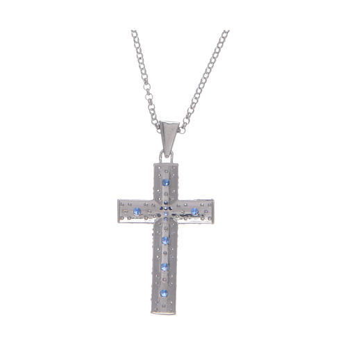 Colar Amen cruz prata radiada zircões azuis 2