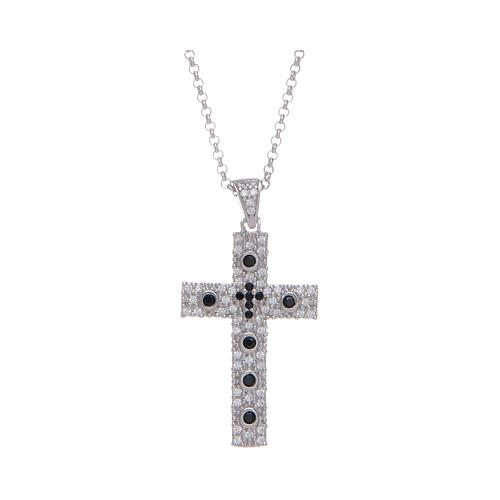 Amen necklace with silver cross finished in rhodium and black zircons 1