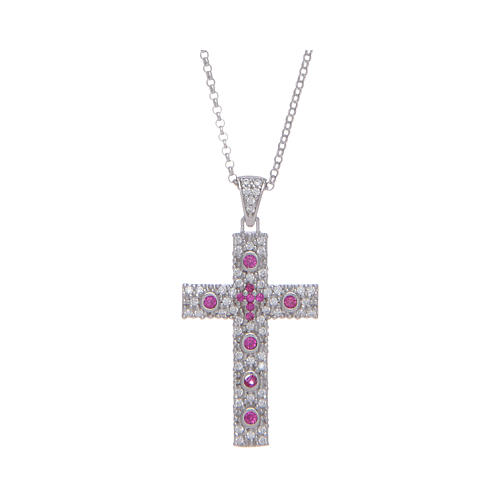 Amen necklace with silver cross finished in rhodium and red zircons 1