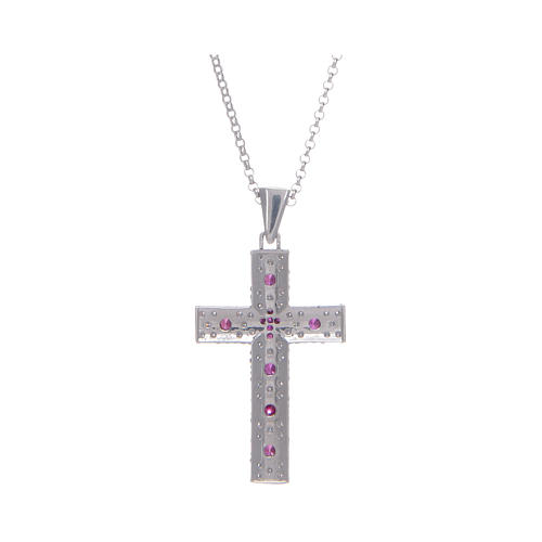 Amen necklace with silver cross finished in rhodium and red zircons 2
