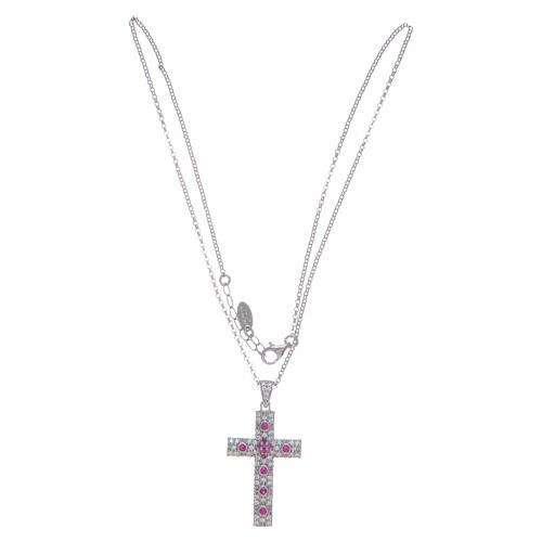 Amen necklace with silver cross finished in rhodium and red zircons 3
